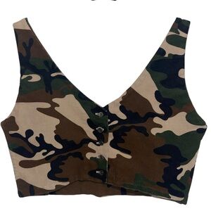 Double USA Top Womens Small Crop Button Front Camo Corduroy Grunge 90s Y2K Style